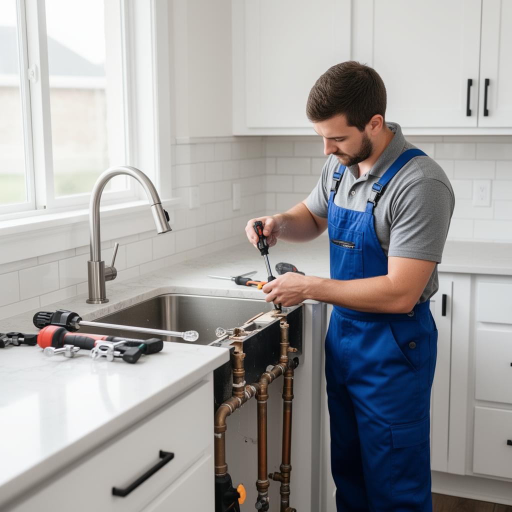 Residential plumber fixing kitchen sink